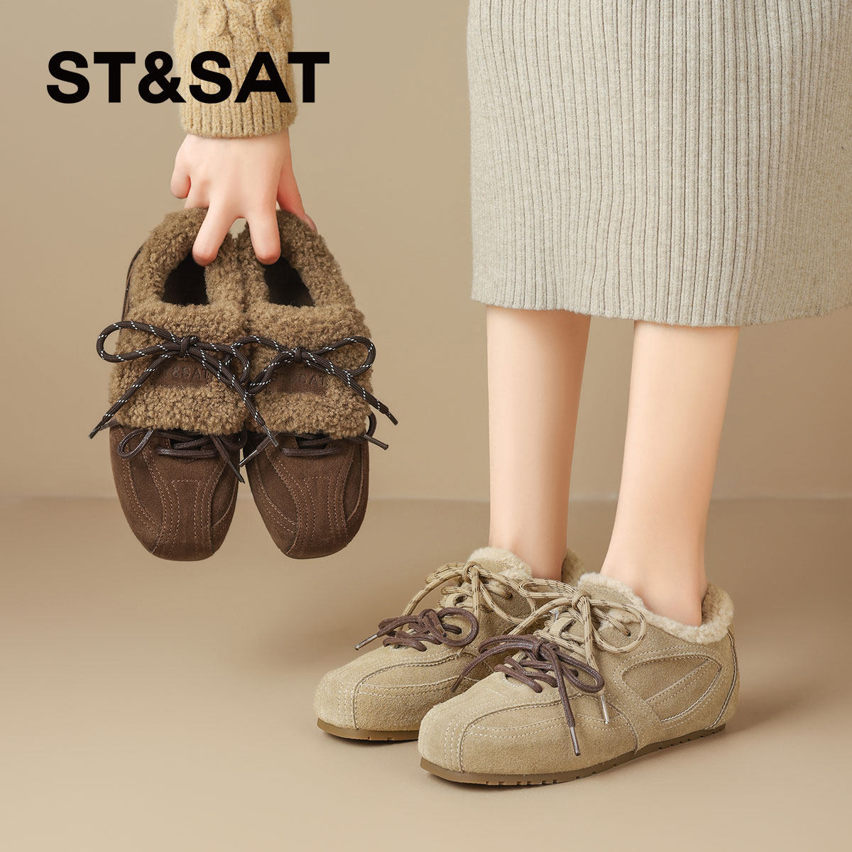 星期六真皮加绒德训鞋女款2025冬季新款复古加厚保暖毛毛鞋棉鞋子,淘宝优惠券,粉丝福利购,淘宝优惠卷
