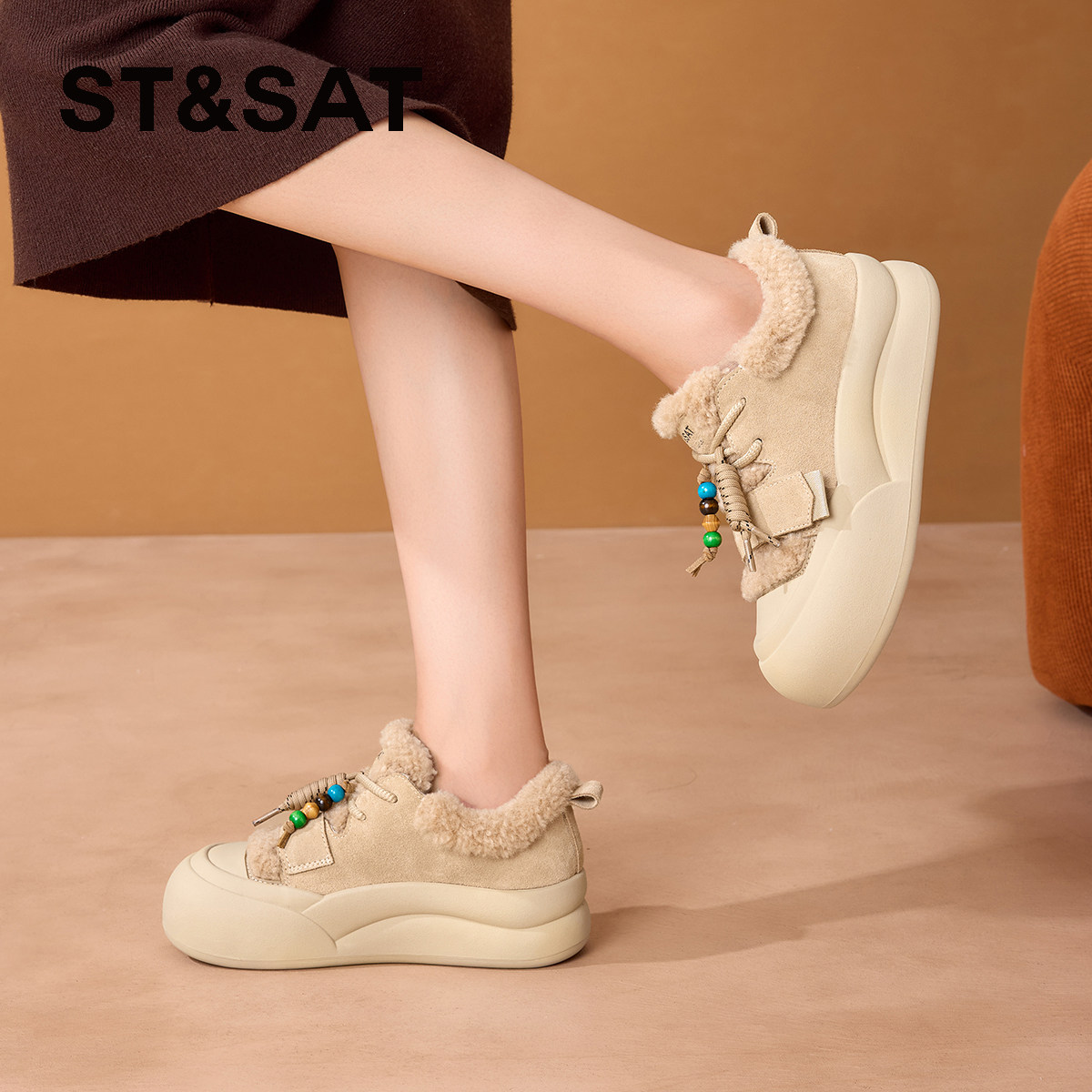 星期六女鞋冬季加绒厚底毛毛鞋子女2025新款全包勃肯鞋雪地靴棉鞋