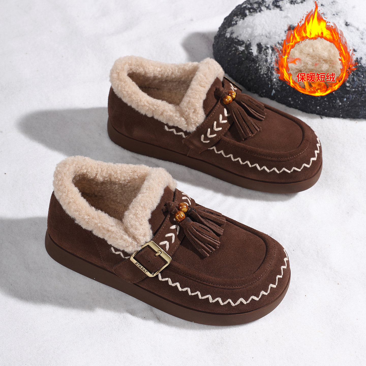 星期六勃肯鞋女冬季新款保暖棉鞋厚底雪地靴女显脚小复古毛毛鞋直,淘宝优惠券,粉丝福利购,淘宝优惠卷