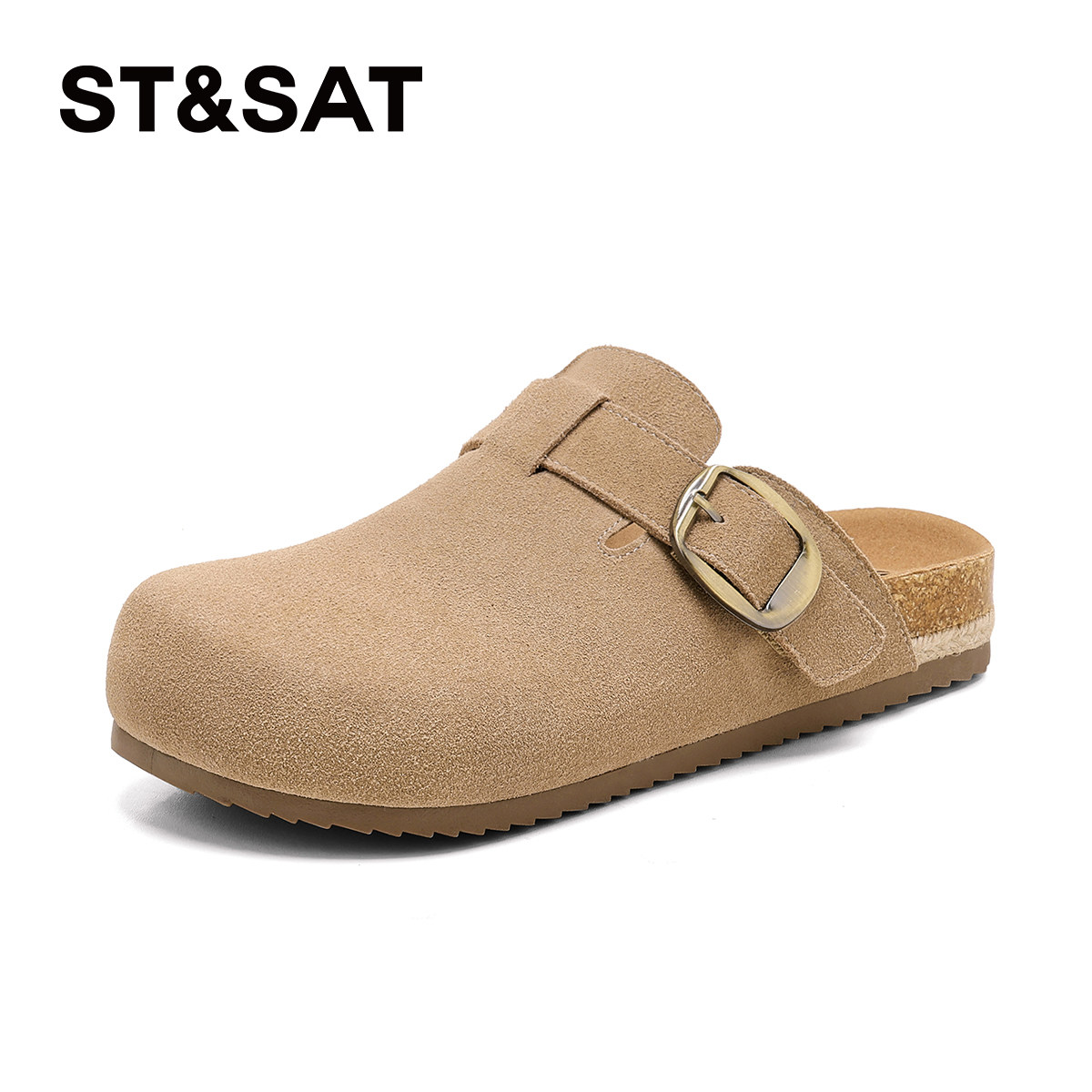 星期六平底勃肯鞋女2026春季新款搭扣棕色软木鞋一脚蹬包头半拖鞋,淘宝优惠券,粉丝福利购,淘宝优惠卷