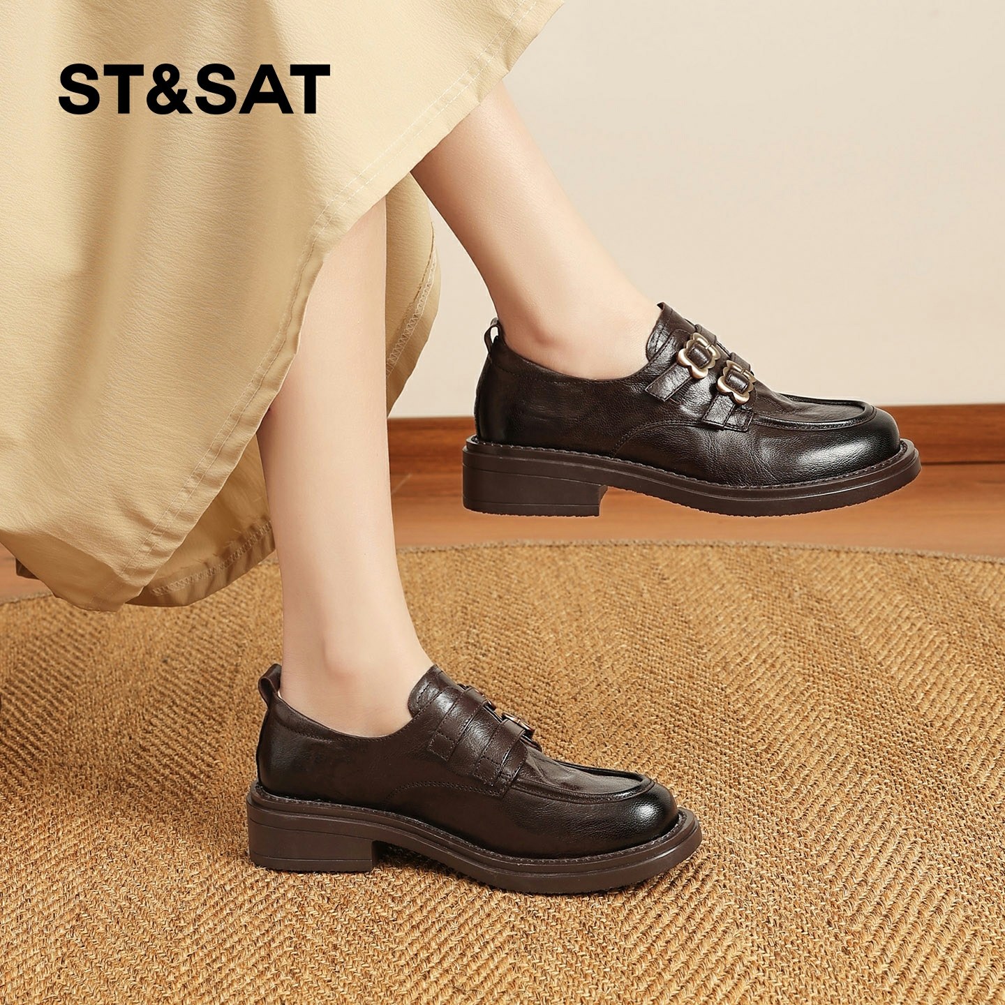 星期六棕色厚底乐福鞋女2026春季新款金属扣复古粗跟小皮鞋豆豆鞋,淘宝优惠券,粉丝福利购,淘宝优惠卷