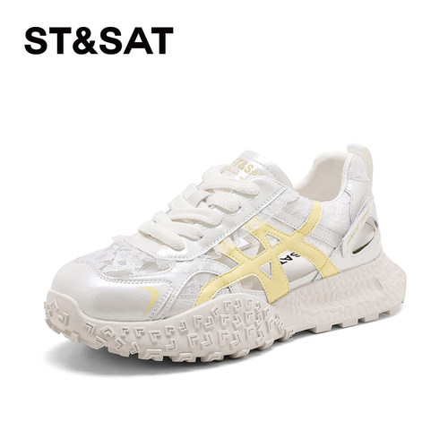 星期六2025新款爆款透气小白鞋女时尚拼色百搭镂空休闲运动阿甘鞋 - 图0