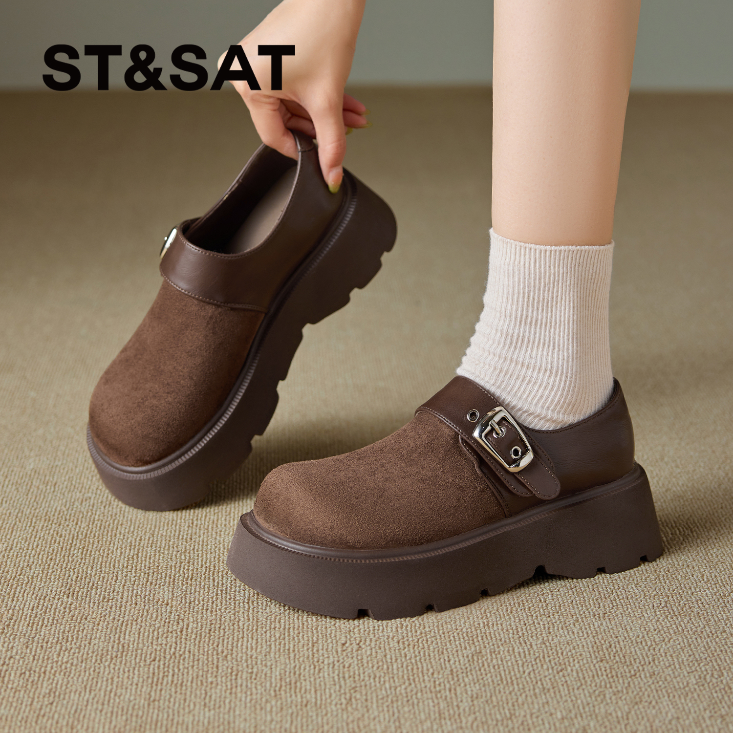 星期六厚底勃肯鞋女款冬季全包增高2025新款女鞋复古咖色乐福鞋子 - 图2
