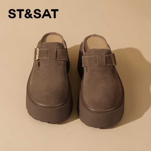 星期六厚底勃肯鞋女2026新款夏季复古增高一脚蹬圆头休闲半拖鞋爆 - 图0