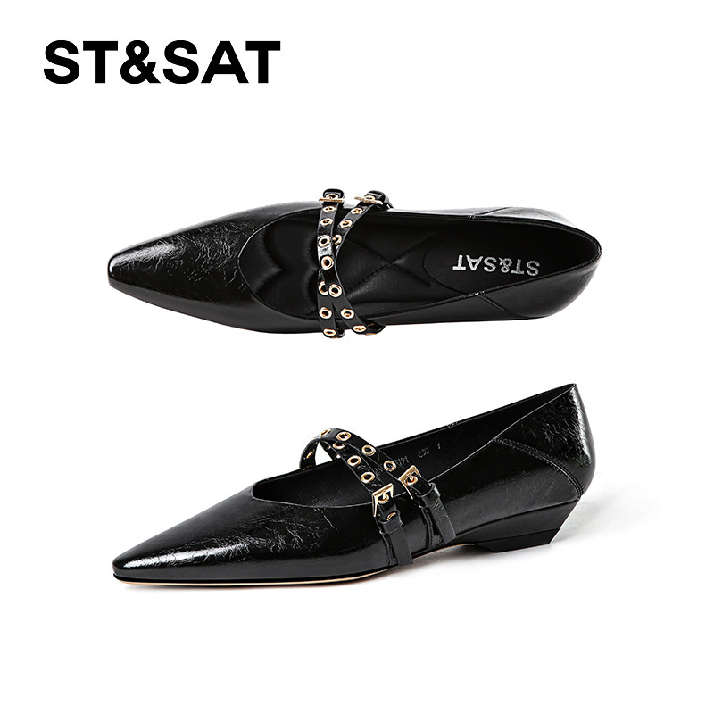 星期六红色单鞋女2025新款法式尖头平底玛丽珍鞋真皮通勤气质女鞋