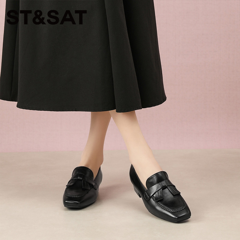 星期六新款女鞋方头乐福鞋女一脚蹬通勤时尚百搭休闲深口单鞋黑色,淘宝优惠券,粉丝福利购,淘宝优惠卷