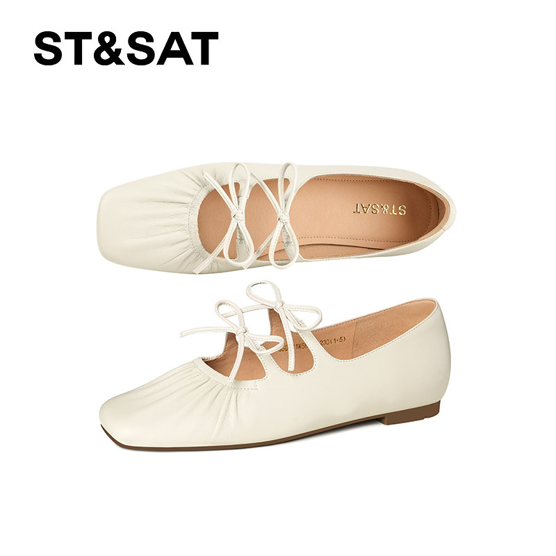 星期六休闲风褶皱蝴蝶结奶奶鞋女2025年春季新款方头平底玛丽珍鞋,淘宝优惠券,粉丝福利购,淘宝优惠卷