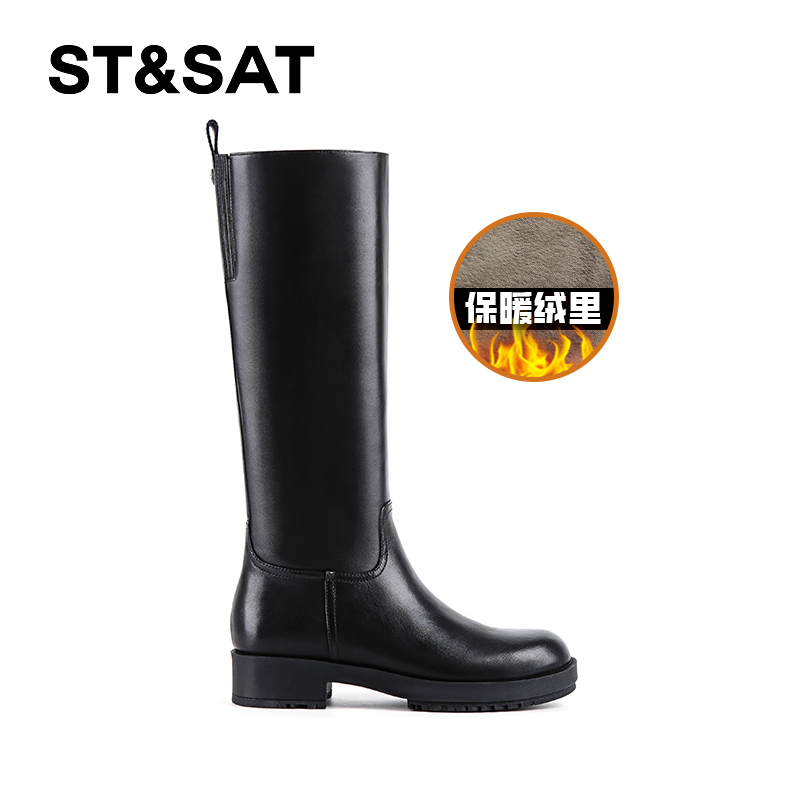 星期六全牛皮高筒靴女2025秋冬粗跟圆头黑色英伦风显瘦不过膝长靴 - 图1