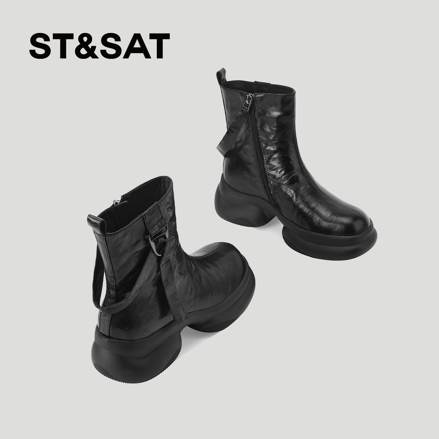 星期六明星同款真皮靴子皮带扣机车靴女厚底短靴气质黑色切尔西靴,淘宝优惠券,粉丝福利购,淘宝优惠卷