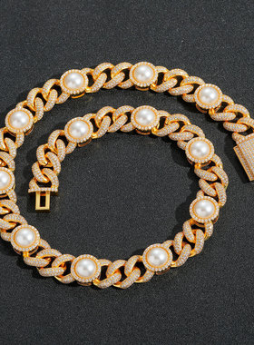 欧美15mm珍珠古巴链个性流行小众嘻哈项链可