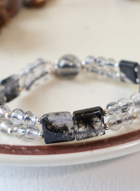 天然巴西黑发晶手链女个性925银纳福吊坠高货钛晶水晶手串