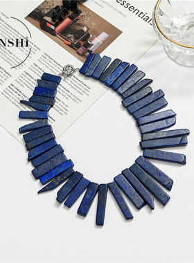 天然石玛瑙项链长牙青金晶柱不规则原石切片项链 印第安夸张饰品