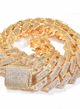 跨境新品嘻哈满钻项链个性百搭铜镶锆石条形梯方古巴项链男士