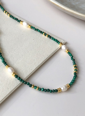 S925银孔雀石淡水珍珠项链金色串珠锁骨链小众个性轻奢小红书