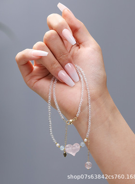 天然时尚粉晶爱心锁骨项链海兰宝配珠18k金龙虾扣白水晶珍珠项链