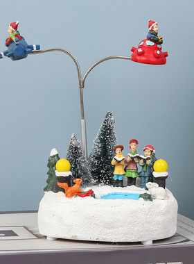 跨境创意发光音乐旋转热气球圣诞摆件鹿拉车圣诞装饰品家居摆件