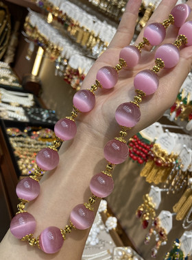 中古vintage18m渐变粉色猫眼石琉璃项链纯手工串珠项链直播货