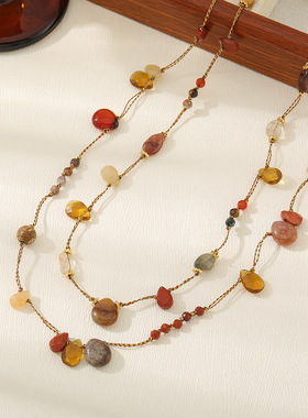 复古酒红色系小众天然石玛瑙毛衣链串珠长款项链虎眼石饰品女