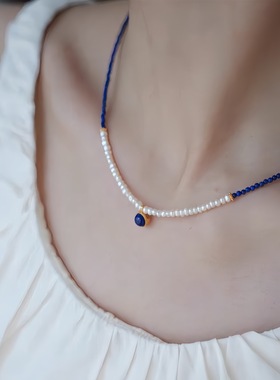 新中式天然青金石搭配淡水珍珠项链925银青金吊坠女生气质显白款