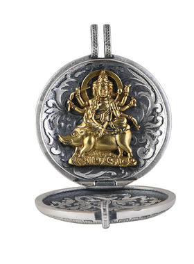 镜星辰 足银吊坠 复古六字真言莲花佛手唐草纹摩利支天像开盖吊坠