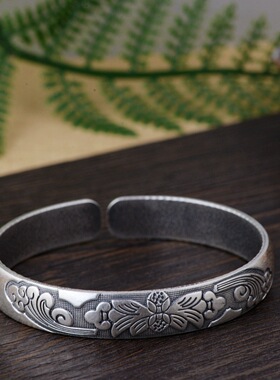 纯银手镯 S990足银个性仿古手镯泰银开口民族风手饰 花开富贵新品