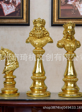 跨境新品国际象棋树脂摆件样板房学院家居装饰品黑白金银棋子摆设