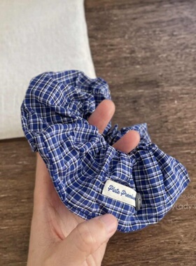 棉麻小众设计 笑脸扭扣蓝色布标小格子头花 中号尺寸肠圈发圈发绳
