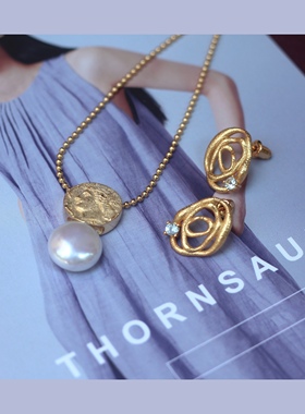 S925银镀真金水泽仙女古币圆珠抽拉调节天然巴洛克纽扣珍珠项链