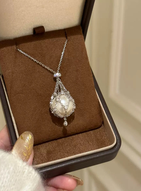 网兜珍珠项链|S925银镀金笼中珍珠复古时尚轻奢贵妇风纯银毛衣链