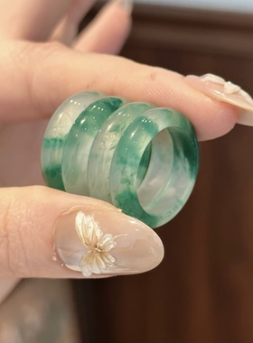 S925银天然非洲翠戒指女独龙玉白钻指环套戒两戴款高冰飘花国风