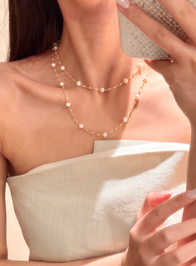 美产14K注金天然绿松淡水珍珠满天星爆闪长款毛衣链可绕两圈老钱