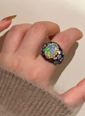 黑金椭圆欧泊戒面戒指 黑金鸽子蛋戒指轻奢高级送礼佳品S925银