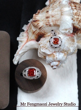 S925银镀白金 合成豹纹芬达石满钻项链吊坠 气质轻奢彩色镶嵌戒指