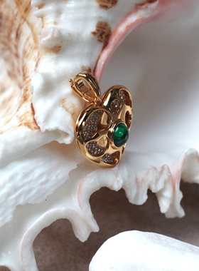 S925银镀金双面可佩戴心形祖母绿满钻项链吊坠