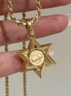 高定珠宝S925纯银镀金重工六芒星金雅典娜双面可佩戴万能扣吊坠
