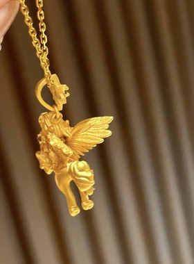 S925银镀K金天马行空磨砂雾面翅膀镶钻八芒星吊坠立体项链生肖马