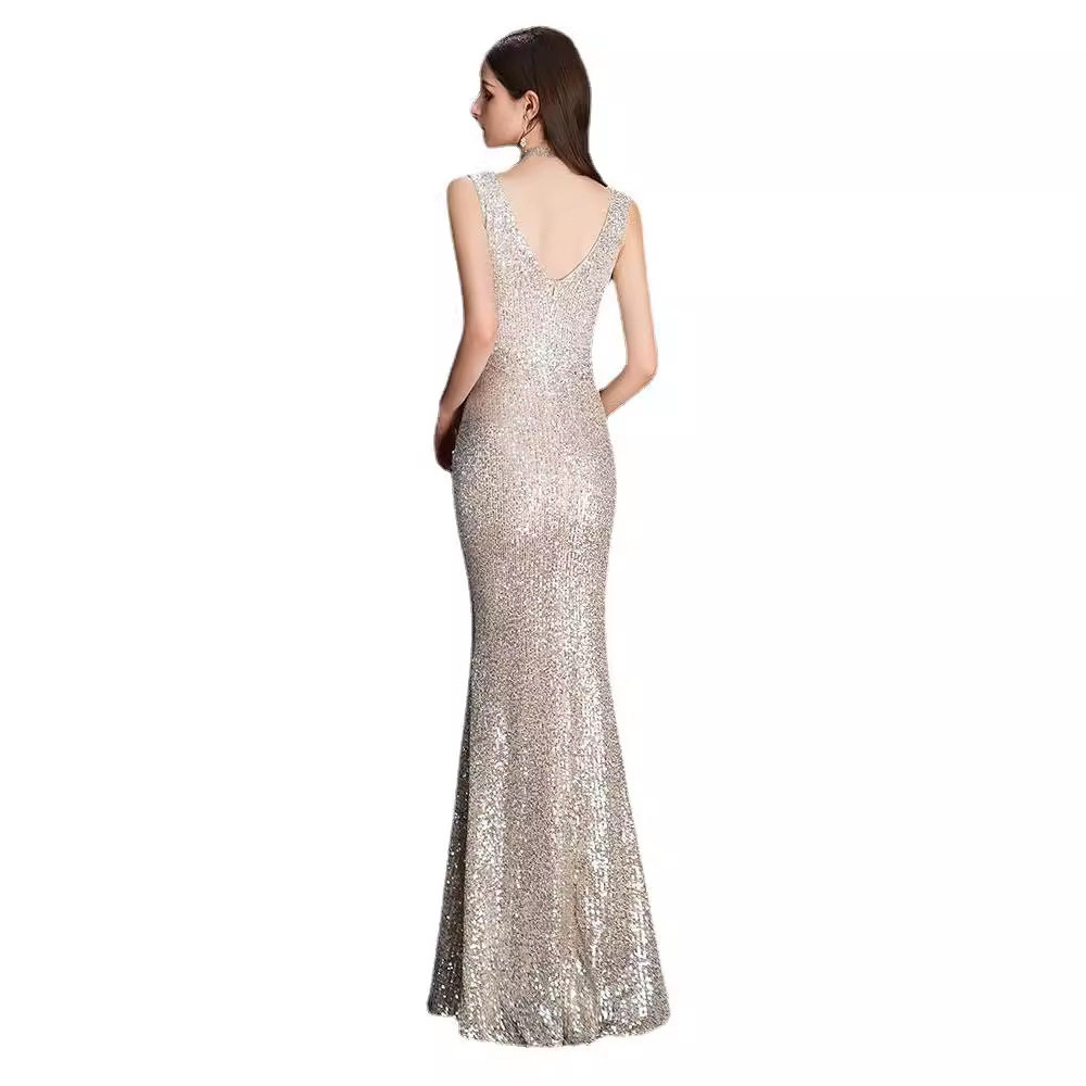 香槟色宴会晚礼服2024新款亮片鱼尾修身显瘦长款主持人年会晚礼服 - 图3