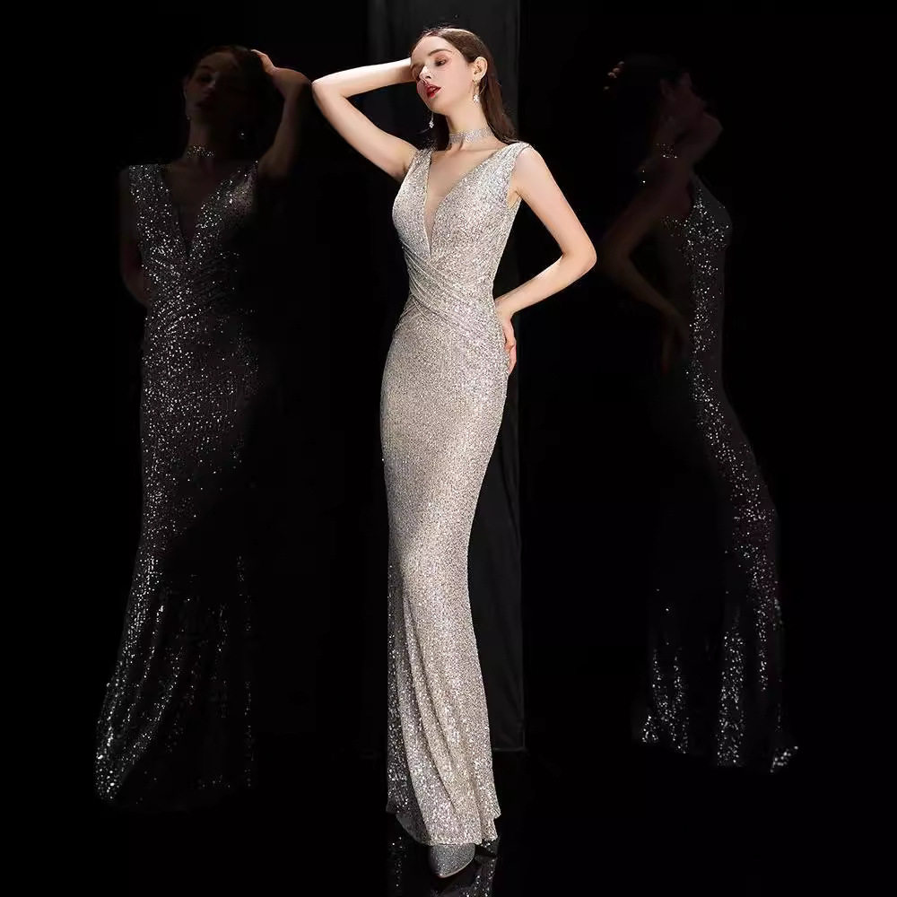 香槟色宴会晚礼服2024新款亮片鱼尾修身显瘦长款主持人年会晚礼服 - 图0