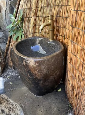 石头一体洗手柱盆鹅卵石复古台盆落地式庭院个性艺术洗手艺术盆池