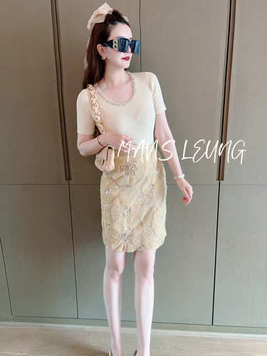 MAVIS LEUNG  浪漫花期 亮片立体玫瑰轻奢优雅包臀短款半身裙 - 图0