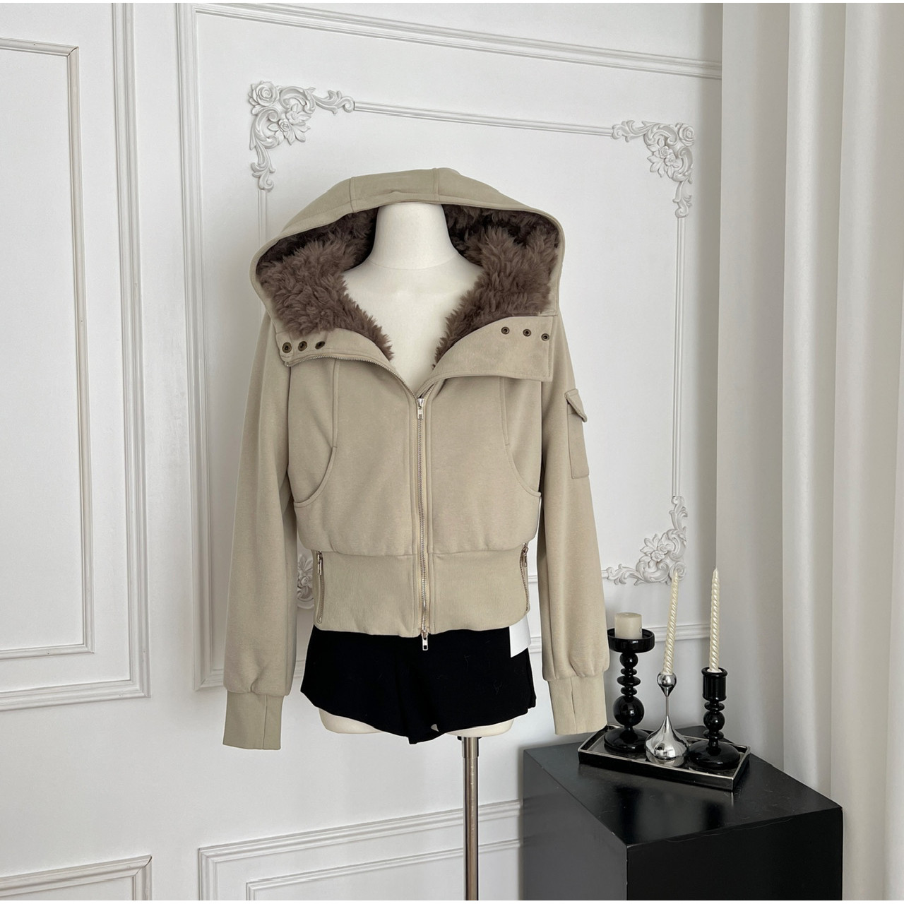 8uioio 焦糖可颂 毛领卫衣外套女2025秋冬新款设计感短款开衫上衣,淘宝优惠券,粉丝福利购,淘宝优惠卷