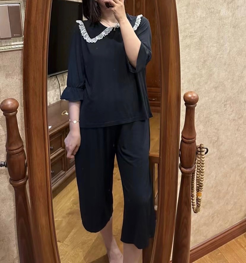 日本tutuanna女士春秋夏家居服套装纯色蕾丝花边翻领睡衣两件套 - 图2