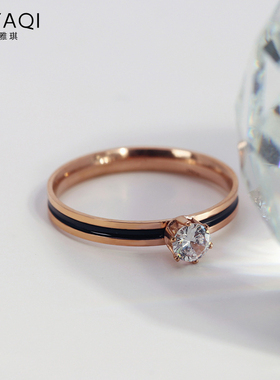 单钻黑边钛钢镀玫瑰金女j100戒指