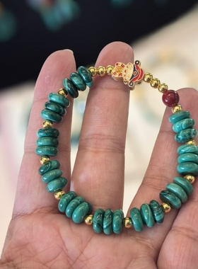 天然孔雀石药片隔片算盘珠直切手串男女款小财神14k金小手链