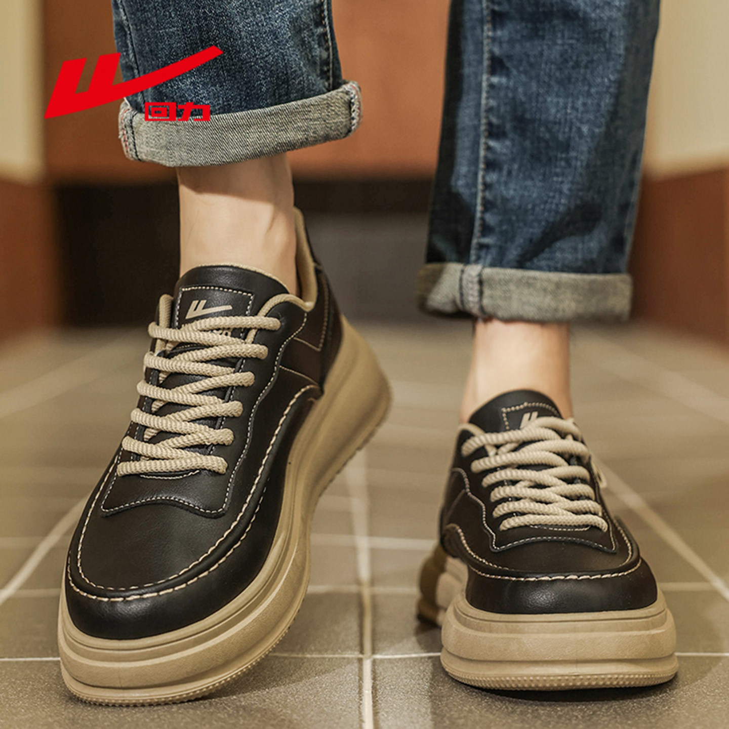 回力新品男鞋黑色皮面板鞋2025冬季保暖休闲运动百搭防水潮流皮鞋,淘宝优惠券,粉丝福利购,淘宝优惠卷