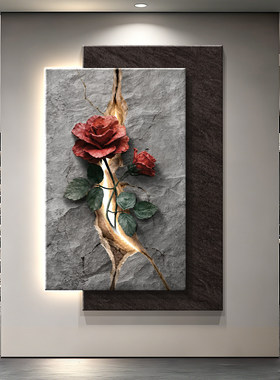 现代简约玄关氛围灯装饰画入户正对门玫瑰花卉挂画走廊过道壁画