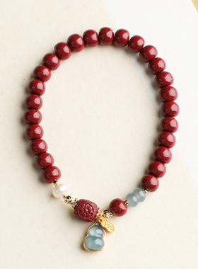 96%高含量天然保真朱砂6×7mm老型手串搭配银镶翡翠葫芦珍珠翡翠