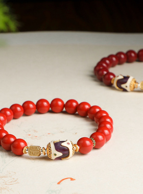 朱砂8mm配紫水晶银镶嵌福牌手链