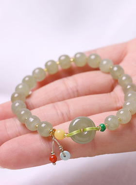 天然新疆鸭蛋青和田玉手串女DIY手工搭蜜蜡平安扣玉石单圈手链女