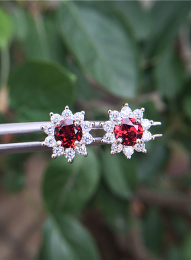 鸽血红石榴石耳钉925银戴妃吊坠